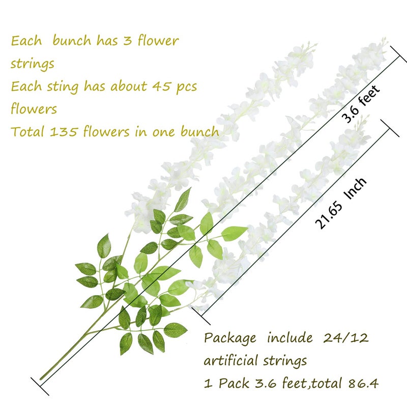 U'Artlines 12 Pack(Total 43.2 Feet) Artificial Fake Wisteria Vine Rattan Hanging Garland Silk Flowers String Home Party Wedding Decor (12, White) - Image 2